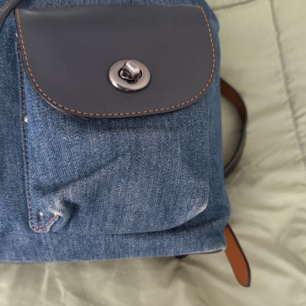 Coach Denim and Black Leather Drawstring Backpack - Picture 5 of 11
